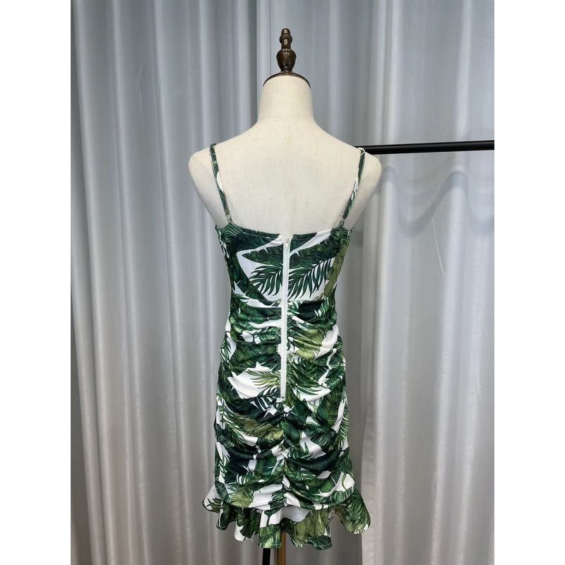 Original Fashionnova Vacation Style Chic and Beautiful Green Leaves Ruched Waist Trimming Spaghetti Straps Dress Women
