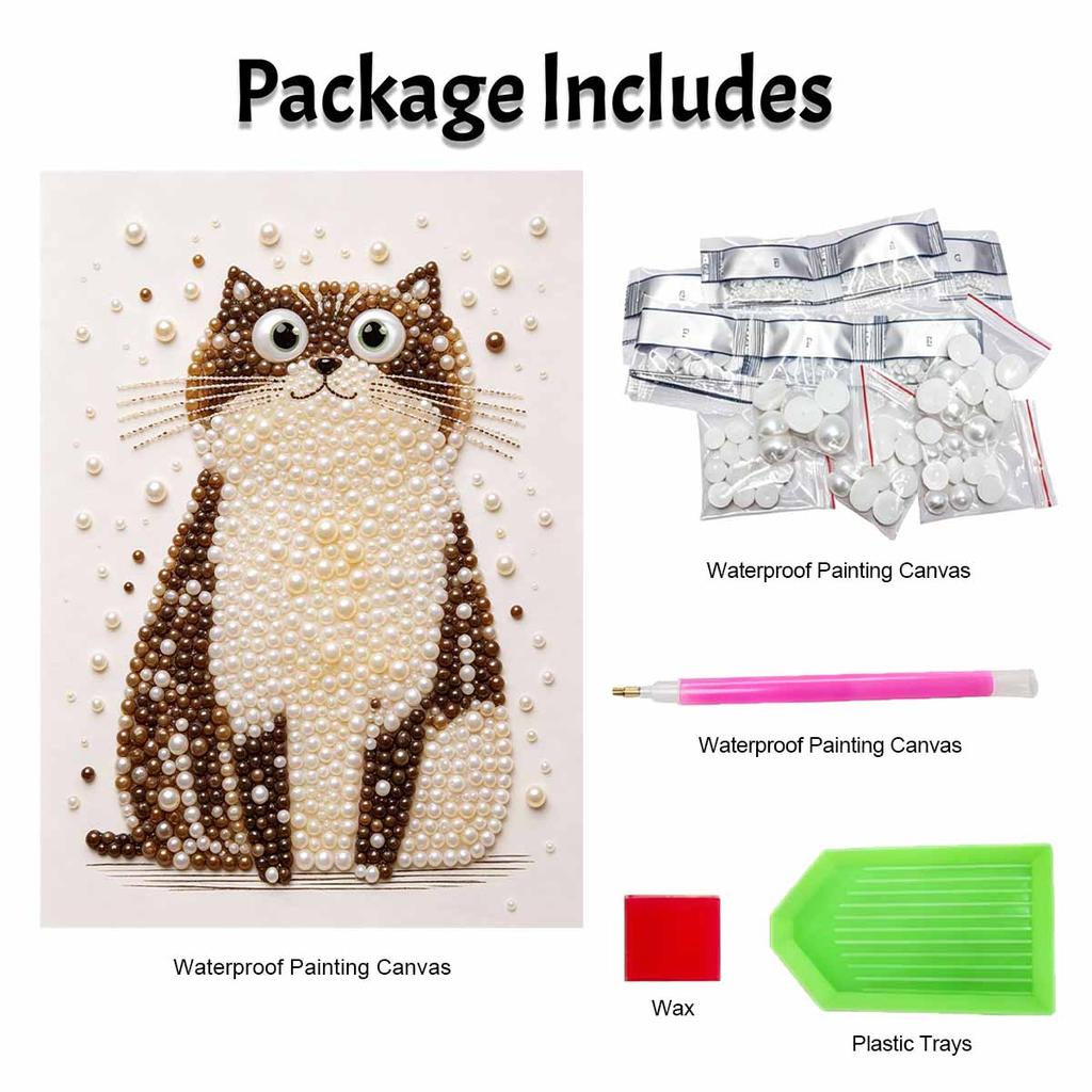 Cute Brown Cat Pearl Bead Painting Kit with Frame Sparkling Canvas Art Romantic Bedroom Decor Gift for Adults Home Wall Decor