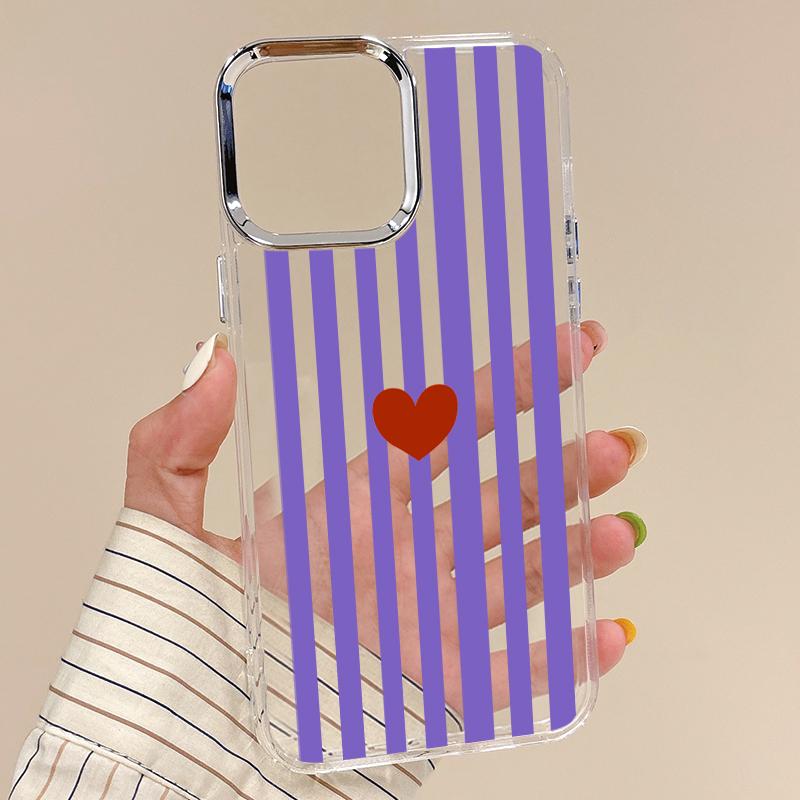 Stripe Heart Pattern Case For iPhone 17 18 Pro Max Plating Lens Frame Clear Soft Phone Cover For iPhone 16 15 14 13 Pro Max 17E