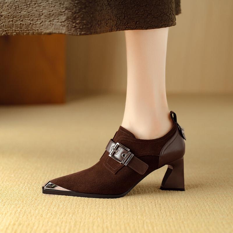 Fashion NEW Spring/Autumn Women Pumps Sheep Suede Leather Shoes for Women Pointed Toe Chunky Heel Shoes Belt Buckle High Heel Shoes