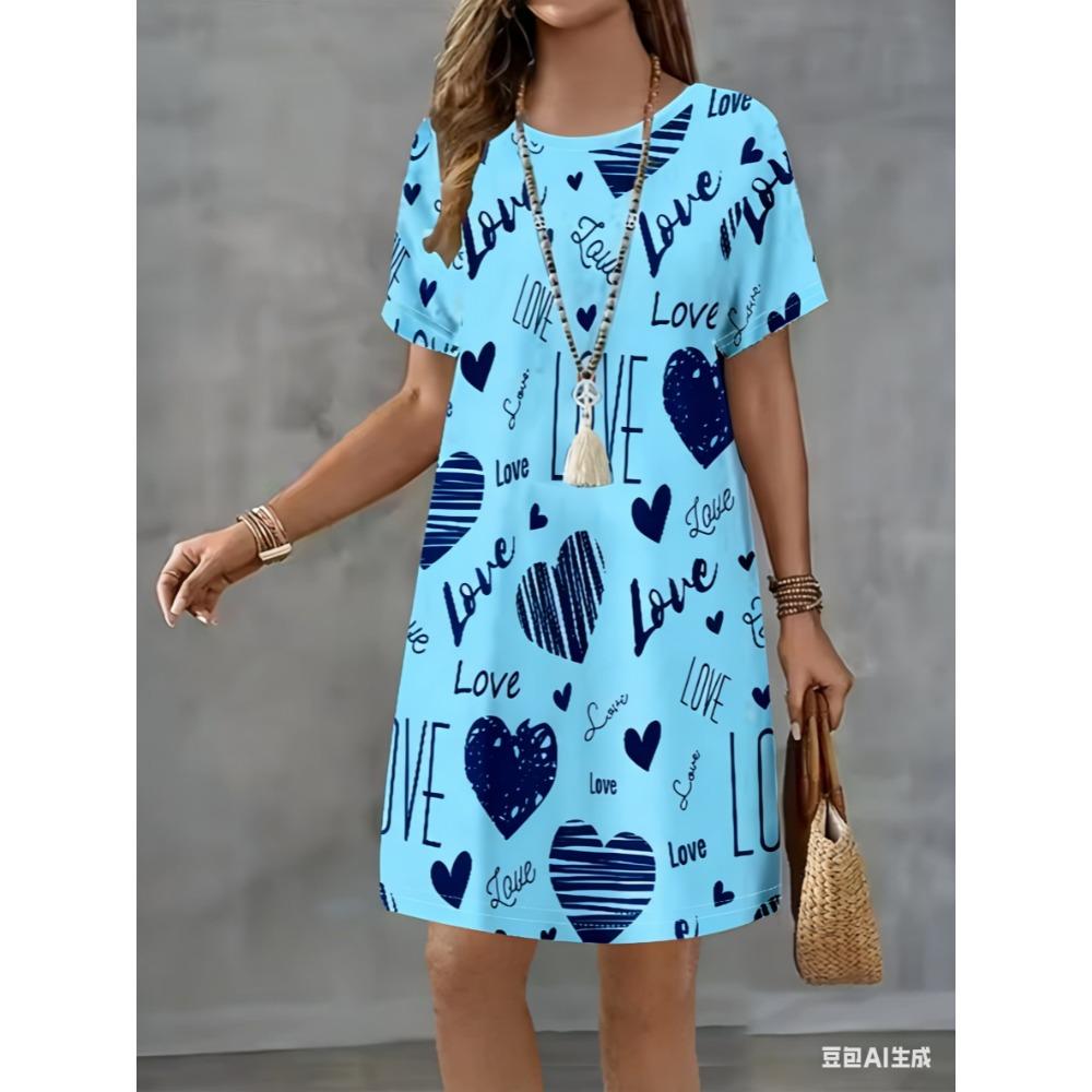 New love-themed printed dress, women's summer short-sleeved round-neck casual A-line skirt