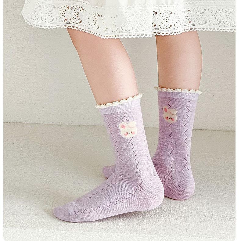 5 Pairs Girls Summer Mesh Cotton Socks Thin Breathable Crew Socks For Baby Toddler Kids Age 1-12T Solid