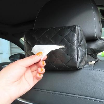 Einfarbig Kariert Leder Verschleißfest Taschentuchbox Autositzlehne Sonnenschutz Hängende Taschentuch-Tasche Schnallenriemen Einfache Installation