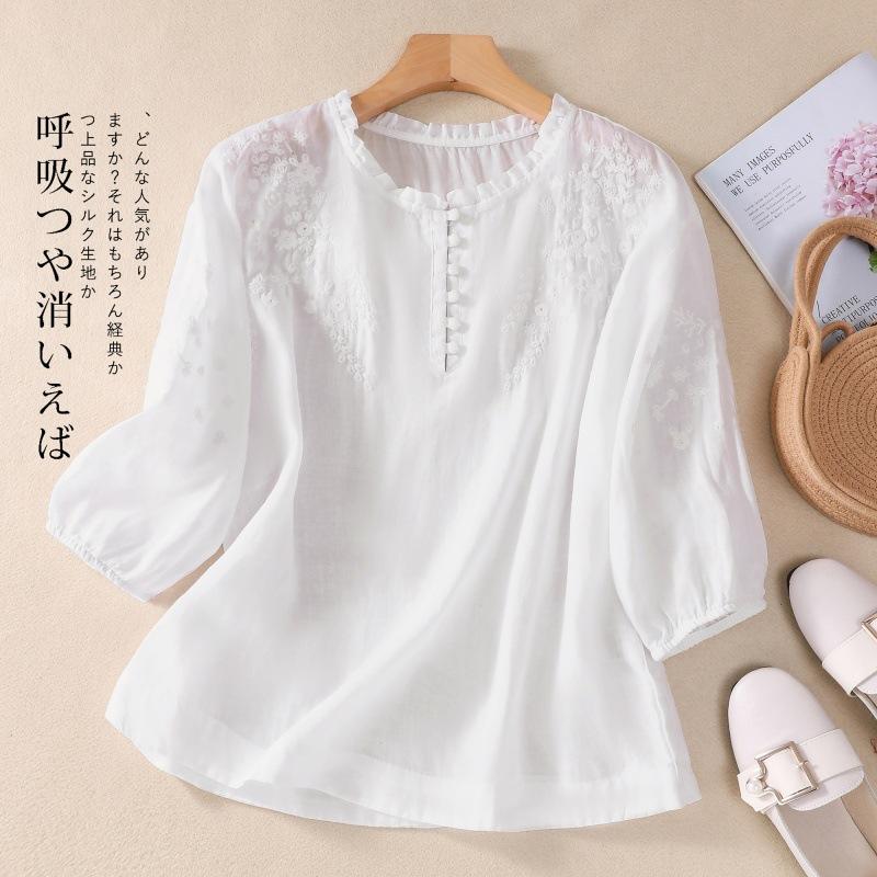 Women Summer Cotton Linen Short Sleeve Shirt Tops Round Neck Button Down Shirt Loose Embroidery Shirt