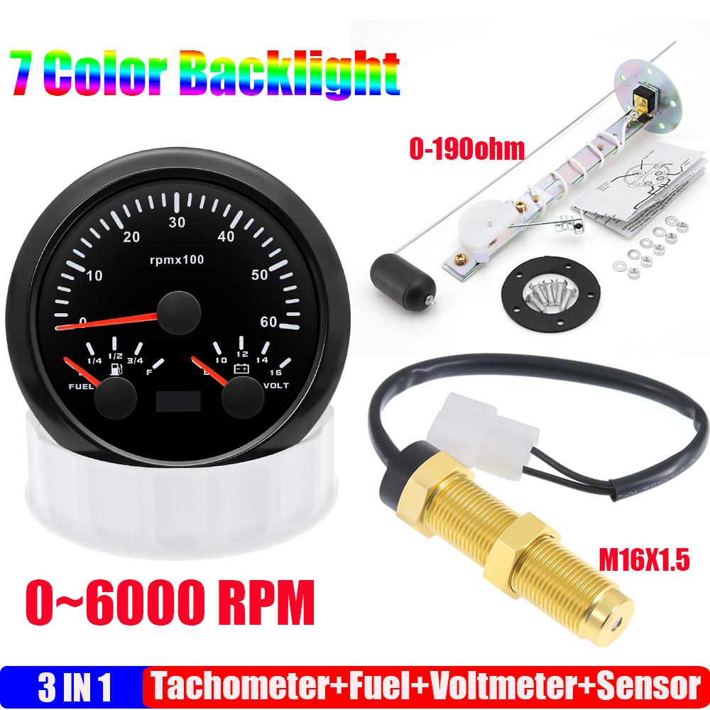 85mm Auto Car Gauge 3-in-1 Tachometer Fuel Level Voltmeter 7 Color Light Multimeter with Sensor 0-190ohm Boat/Yacht 12V