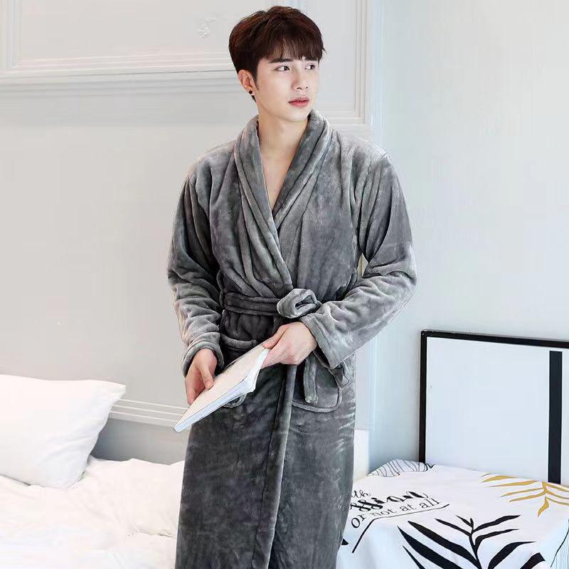 Men's Mid-Length Plush Coral Fleece Flannel Bathrobe for Autumn/Winter