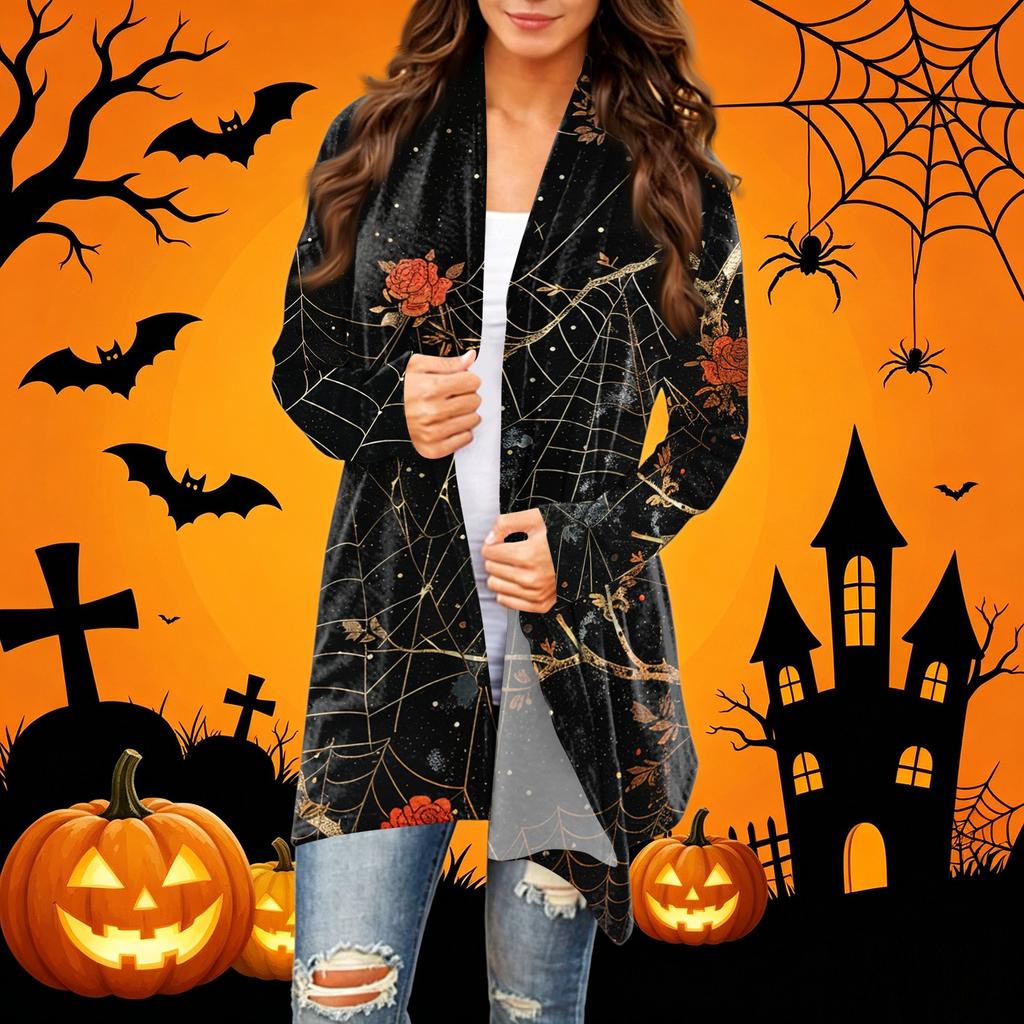 Women's Casual Halloween Printed Long Sleeve Mid-Length Cardigan Jacket for Fall