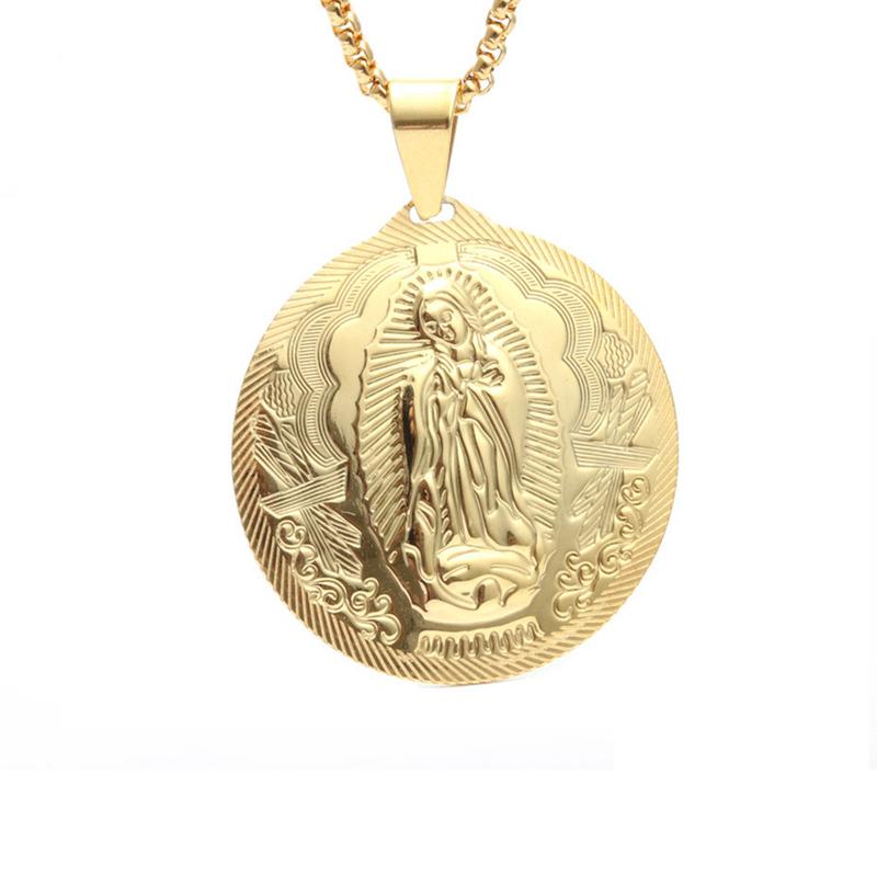 Mens Necklaces Virgin Mary Maria Miraculous Medal Gold color Stainless Steel Fashion Religion Jewelry