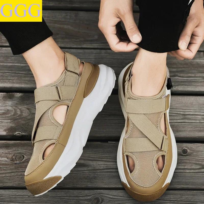 

Fashion Designer Men s Sandals Breathable Casual Shoes for Men Outdoor Non Slip Beach Sandals 2025 New Male Platform Sandalias 44 сірий колір