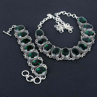 Piatră prețioasă Turmalină Verde Bijuterii Handmade Argint Sterling 925 Set Colier și Brățară Turmalină Verde, Set Bijuterii Antice, Brățară Cadou de Ziua de Naștere