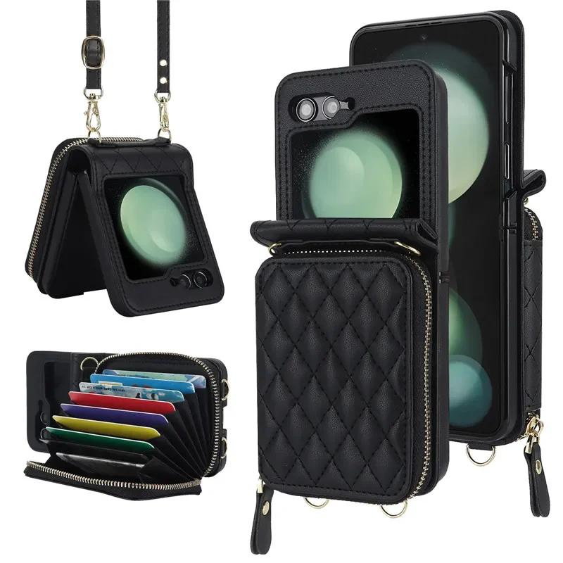 Crossbody Lanyard Leather Zipper Wallet Card Phone Case for Samsung Galaxy Z Flip 7 6 5 4 3 Flip6 Flip5 Flip4 Wrist Rope Cover