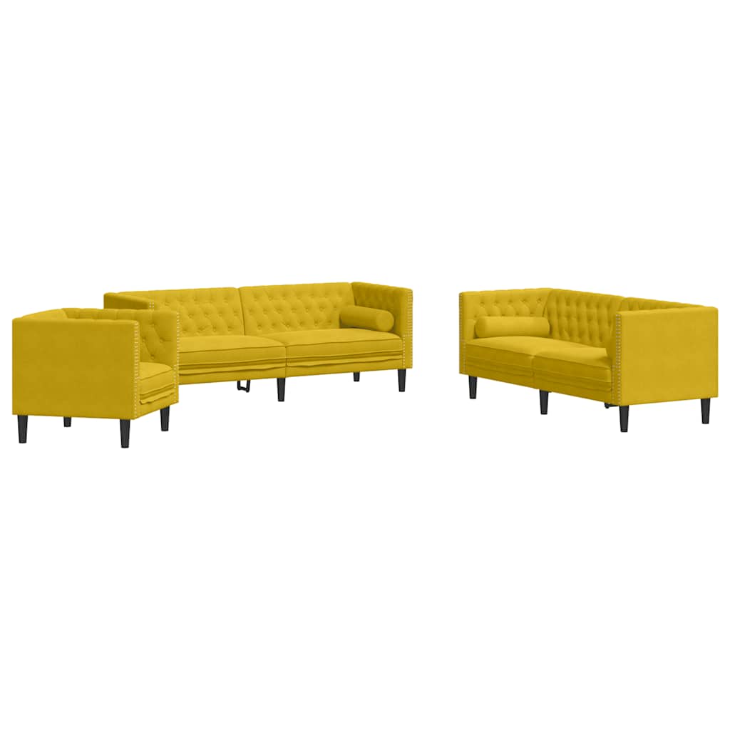 3 Piece Chesterfield Sofa Set with Neck Pillows Yellow Velvet