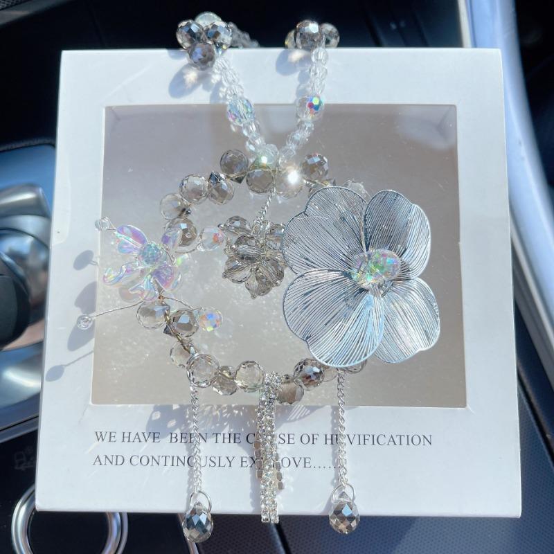 Women S Crystal Flower Car Rearview Mirror Pendant Car Decoration