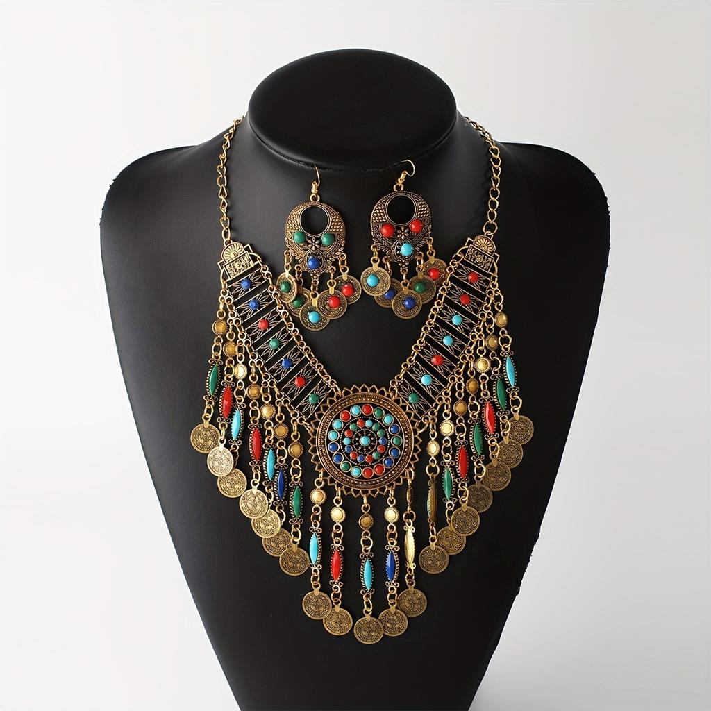 Popular Bohemian Ethnic Style Exaggerated Jewelry Set Women's Necklace Earrings Diamond Jewelry