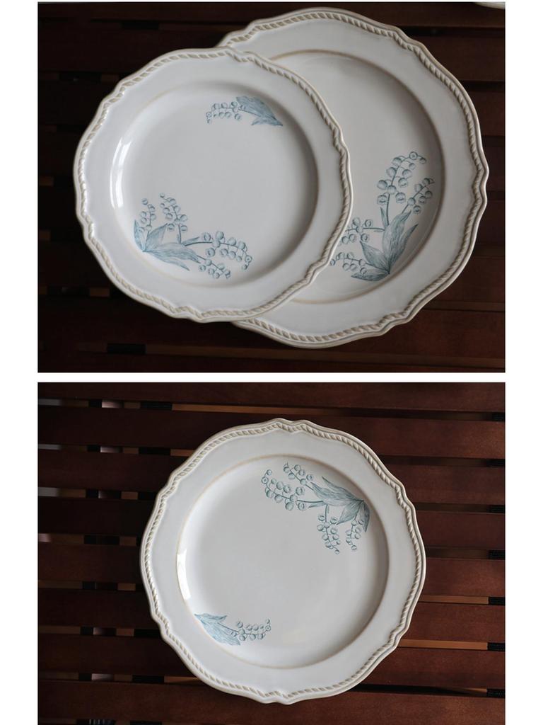 French Retro Lily of the Valley Tableware Set: Ceramic Dinner Plates, Rice Bowls, Steamed Fish Plates, and Household Dish Set.