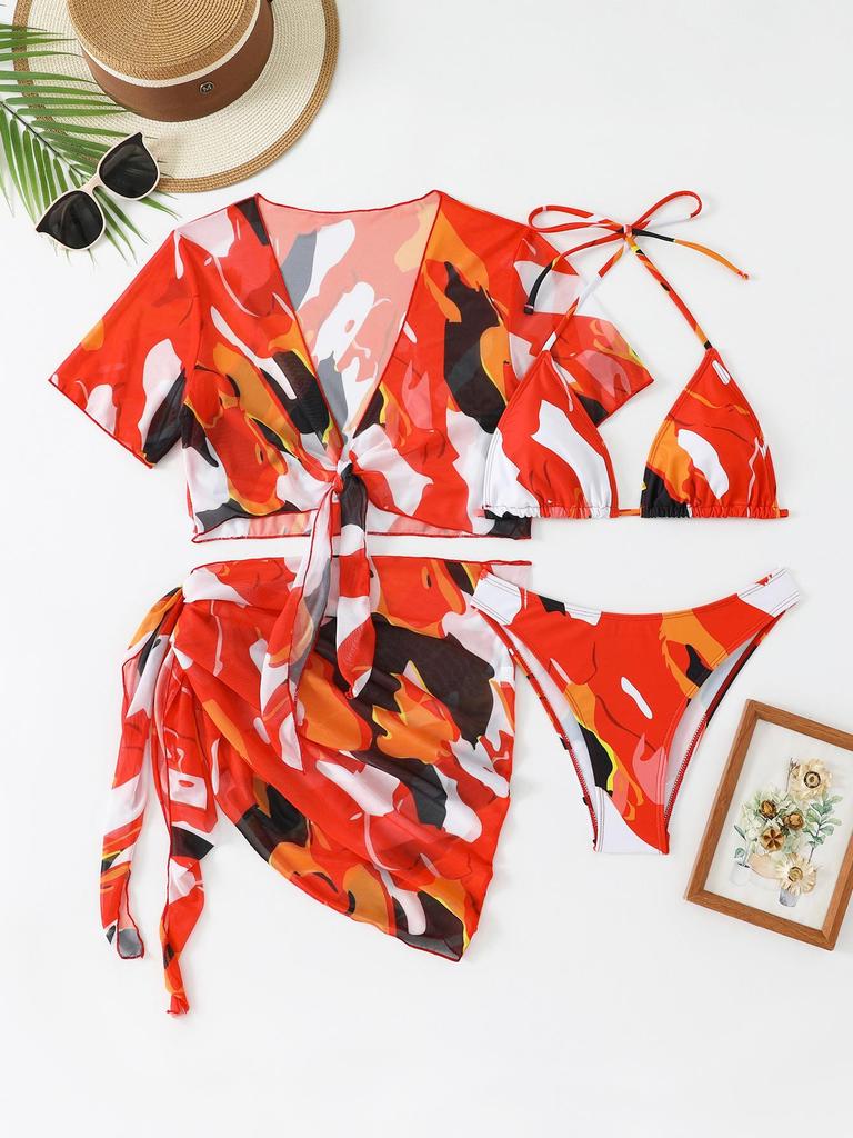 European-American Sexy Print Bikini Set: Women's 2026 Cross-Border Swimwear, Four-Piece Split Swimsuit.