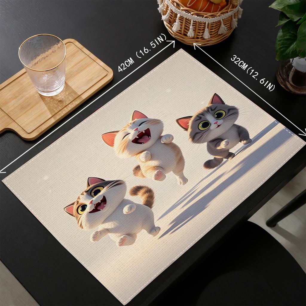 4/6/8pcs Fun Cat Print Linen Placemat, Rectangular Table Mat, Hand Washable, Home Decor Dining Room and Kitchen Mat Set