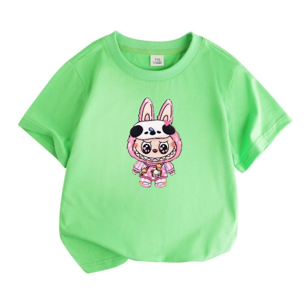 2025 Popular Children's Clothing Short Sleeved LABUBU Wearing Pajamas Pattern Round Neck T-shirt Cartoon Style Girl's Top