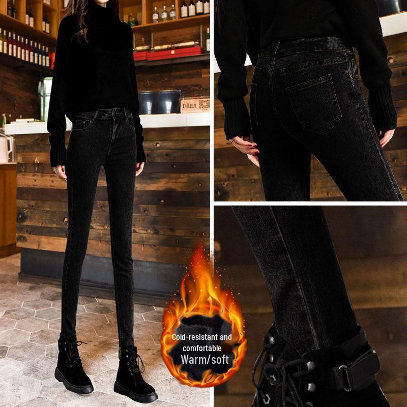 High-Waisted Elastic Denim Jeans for Women - Slimming, Velvet-Lined, Cropped Pencil Pants for Autumn/Winter 2021 31