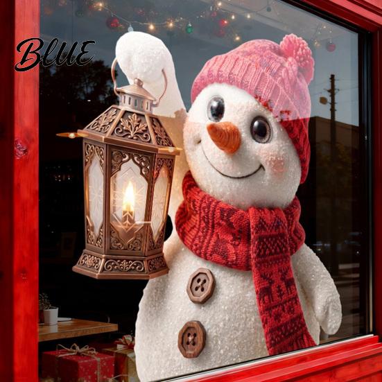 Festival Atmosphere Decor Christmas Snowman with Lantern Window Cling, Cute Static Glass Sticker, PVC Decals Reusable Sticker for Doors and