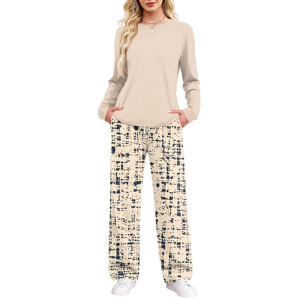 Women's Casual Pajama Set with Pockets, Long Sleeve Neck Loose Fit Printed Sleepwear