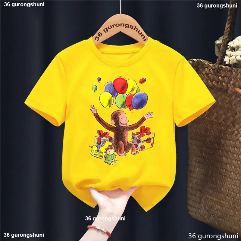 Kawaii Kids Clothes Curious George Monkey Cartoon Printed Yellow T Shirt Girls/Boys Summer Tops T-Shirt Harajuku Shirt