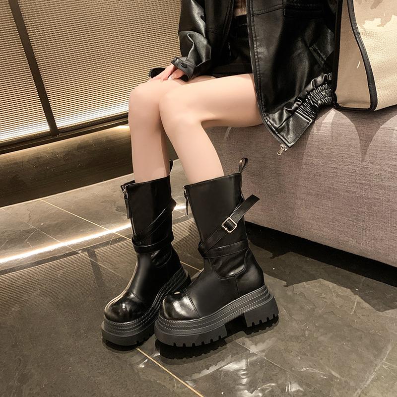 New Mid-leg Boots for Fall Fashion Front Zip Metal Buckle Platform Non-slip Block Heel Shoes