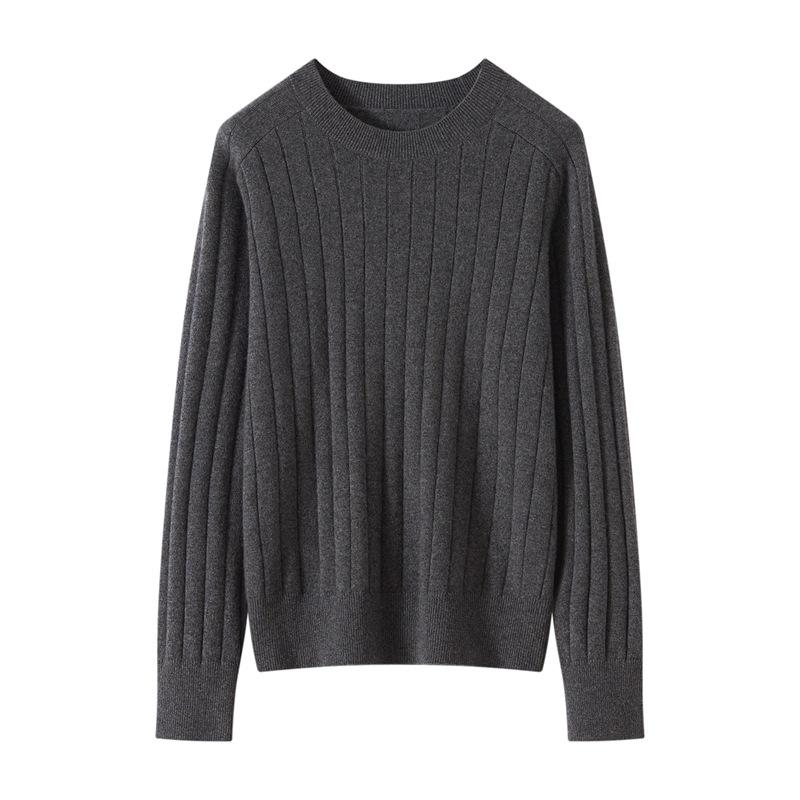 Women's Pure Cashmere Ribbed Knit Pullover - Autumn/Winter Round Neck Base Layer