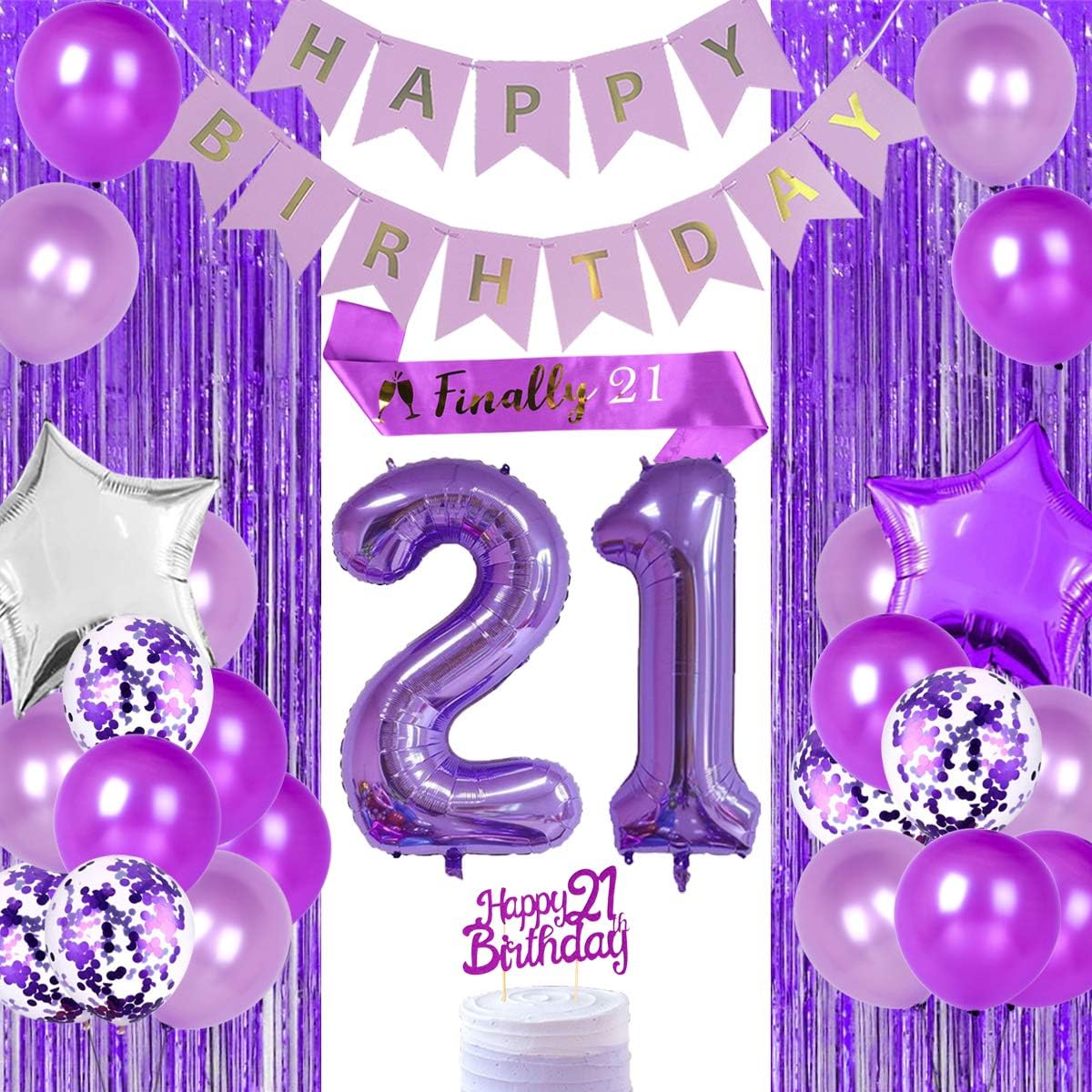 Purple 21st Birthday Decorations for Women Finally 21 Party Decorative Supplies with Finally 21 Birthday Sash Happy 21st Birthday Cake Topper Number