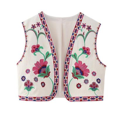 Dámské Vintage Květinové Vyšívané Kabát do pasu Dámské Vesta Bunda v národním stylu Oblečení Pro volný čas Dovolená Crop Top