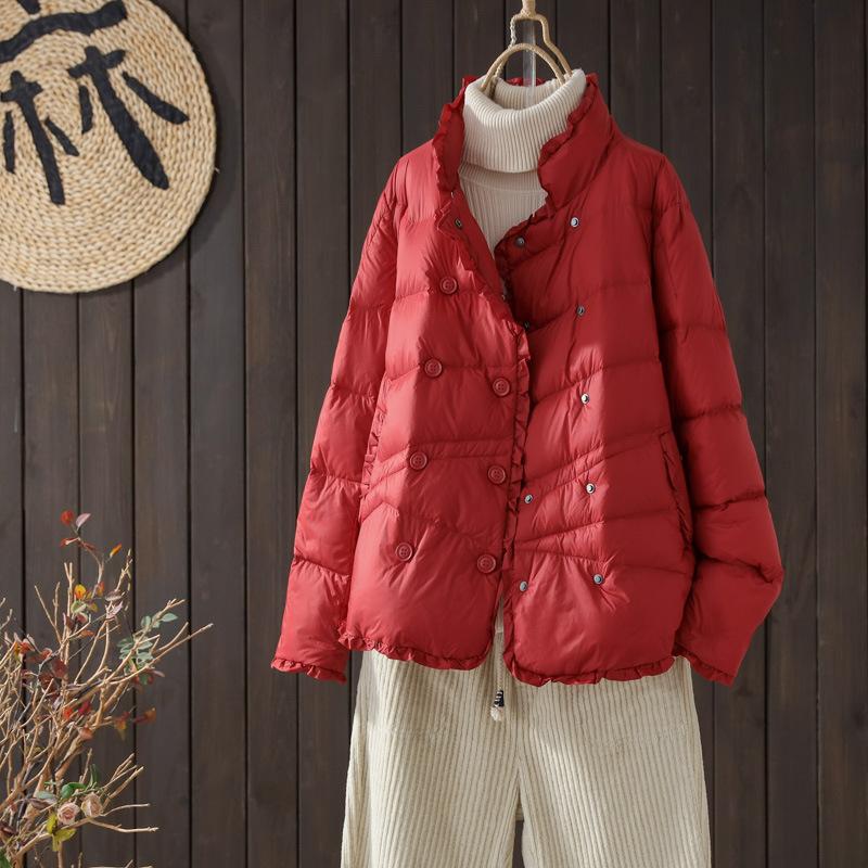 Literary and artistic solid color warm down jacket women's winter fashion double-breasted loose thickened stand-up collar short down jacket