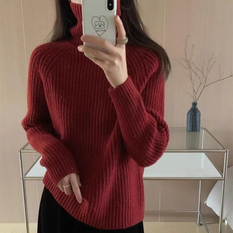 Women's Slim-Fit Ribbed High Neck Sweater - Solid Color Knit Top for Autumn/Winter