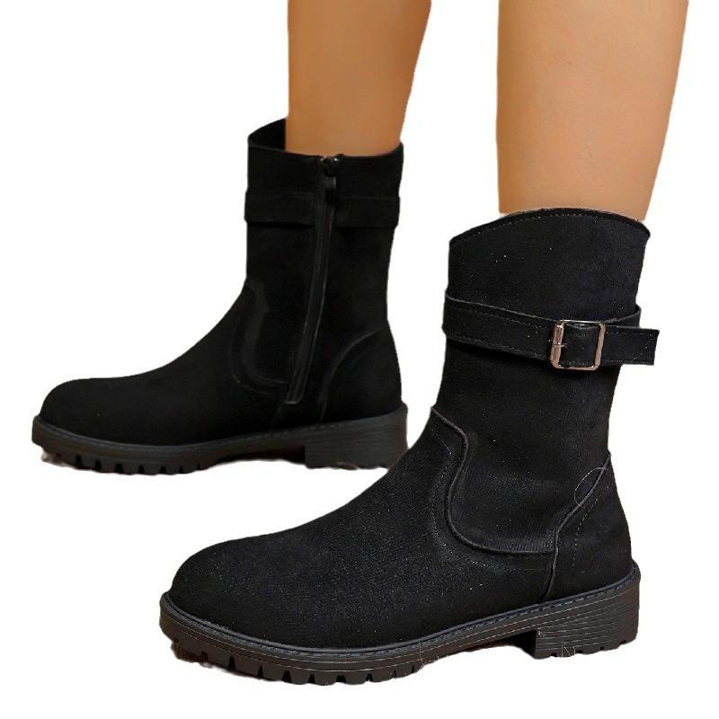 Belt Buckle Martin Boots Women's Autumn and Winter Short Knight Boots Large Size Low Heel Round Head Women's Boots