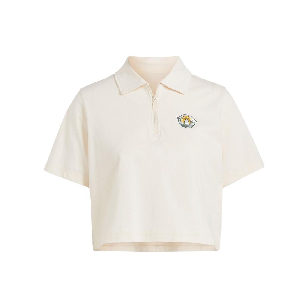 Adidas Originals Cropped Polo Shirt Cartoon Logo Embroidery Detail Sports Short Sleeve Polo Women Tops Wonder-White IN4141