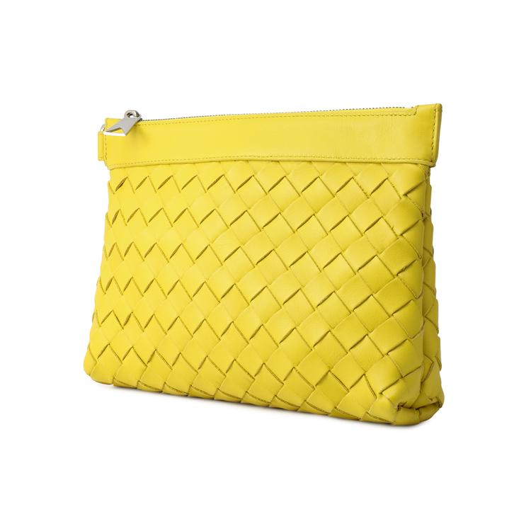 Bottega Veneta Intrecciato Woven Zip Leather Pouch Men Clutch Yellow Apricot 651854V0E512671