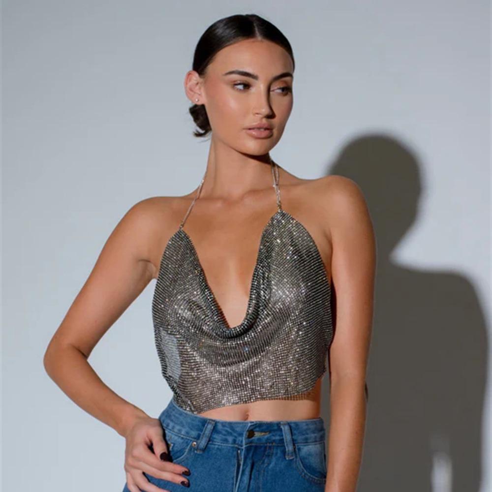 European & American Fashion Rhinestone Chain Strap Deep V Backless Crop Top