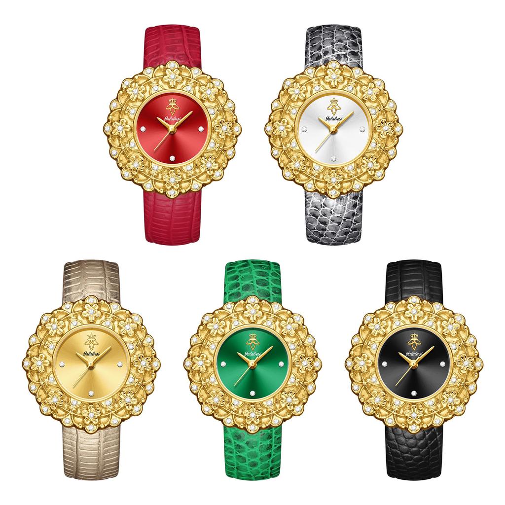 YaLaLuSi Fashion Women's Quartz Watch Emerald Green Dial with Sparkling Rhinestones Gorgeous Gold Flower Gift for Women