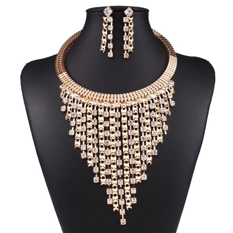 Stylish Multi-layer Fringed Diamond Necklace Earrings Collar Jewelry