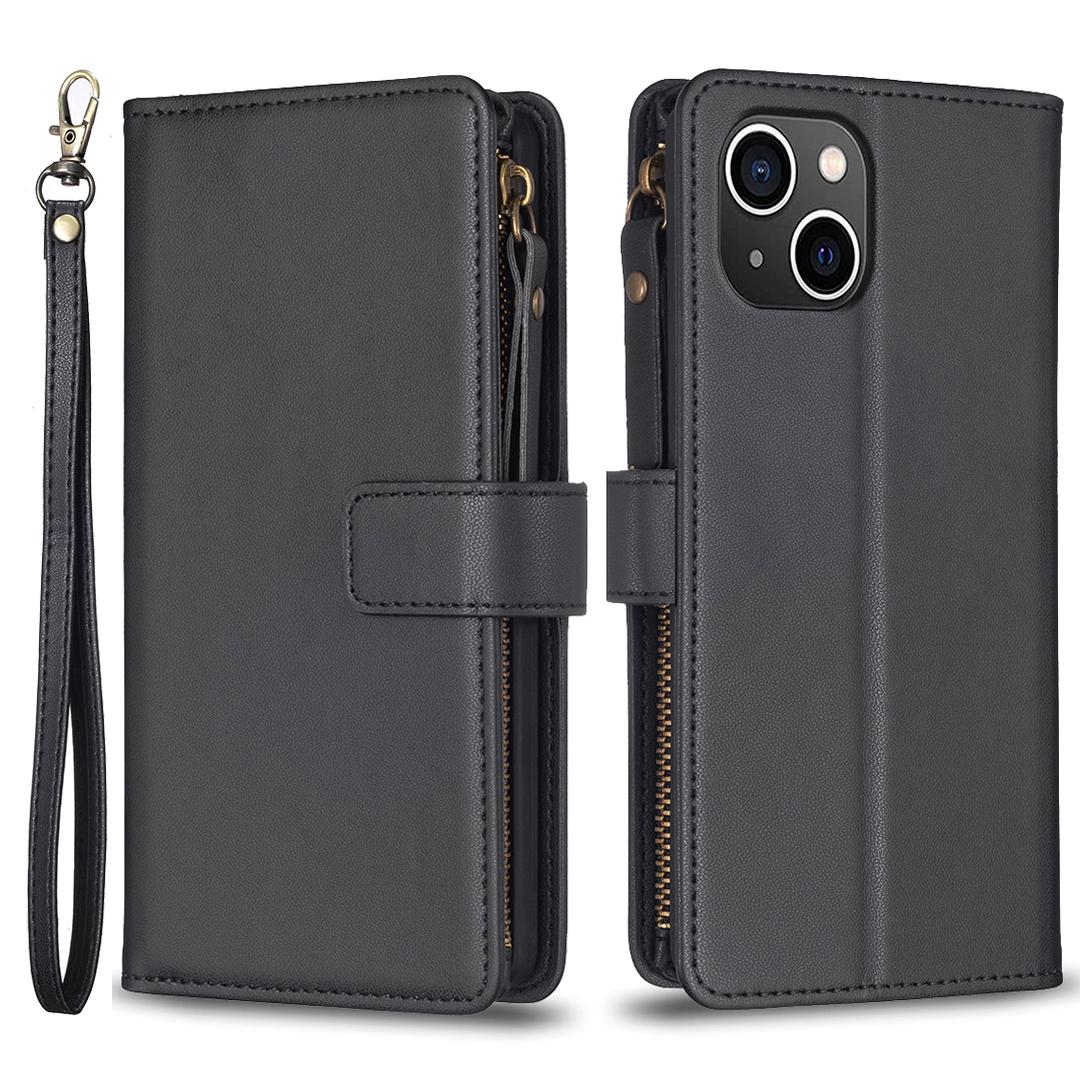 

BF Style-19 For iPhone 15 PU Leather Stand Phone Case Zipper Pocket Anti-drop Wallet Cover Black