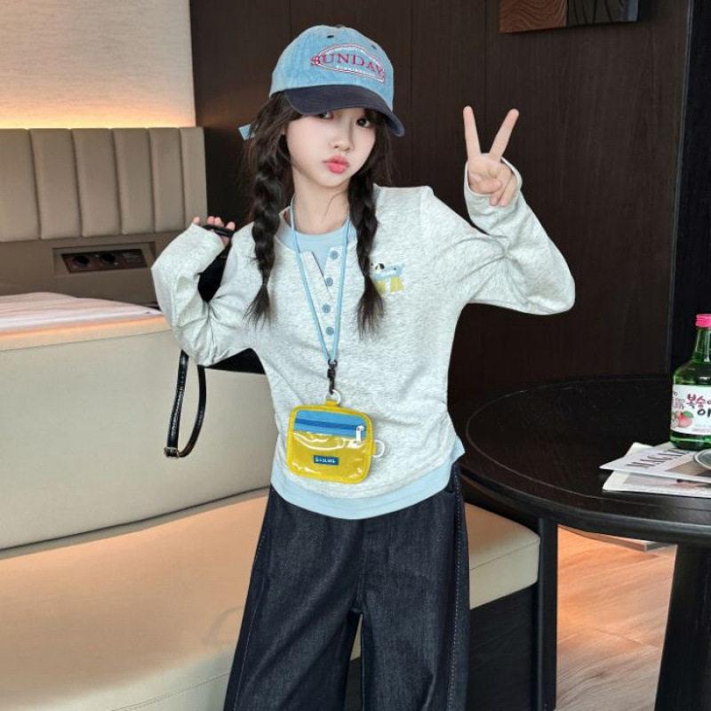 Girls Spring Long Sleeve T Shirt Fake Two Piece Top For Big Kids Students Round Neck Casual Blouse