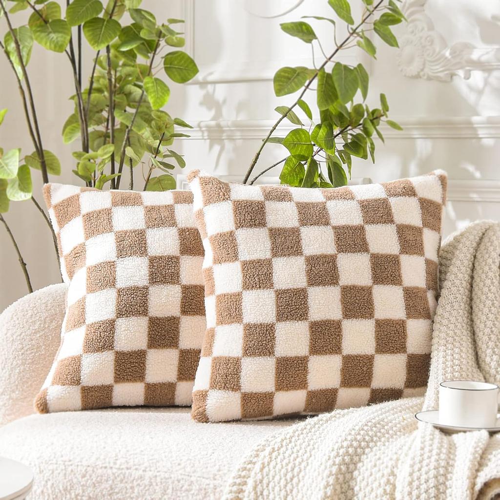 Housse de coussin à damier Kaki Café Housse de coussin de luxe en fausse fourrure Laine Housse de coussin jeté pour canapé Canapé Salon Décoration de la maison
