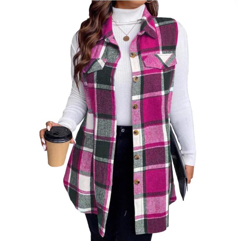 European & American Autumn/Winter Women's Fashion Plaid Sleeveless Turn-Down Collar Vest with Side Pockets