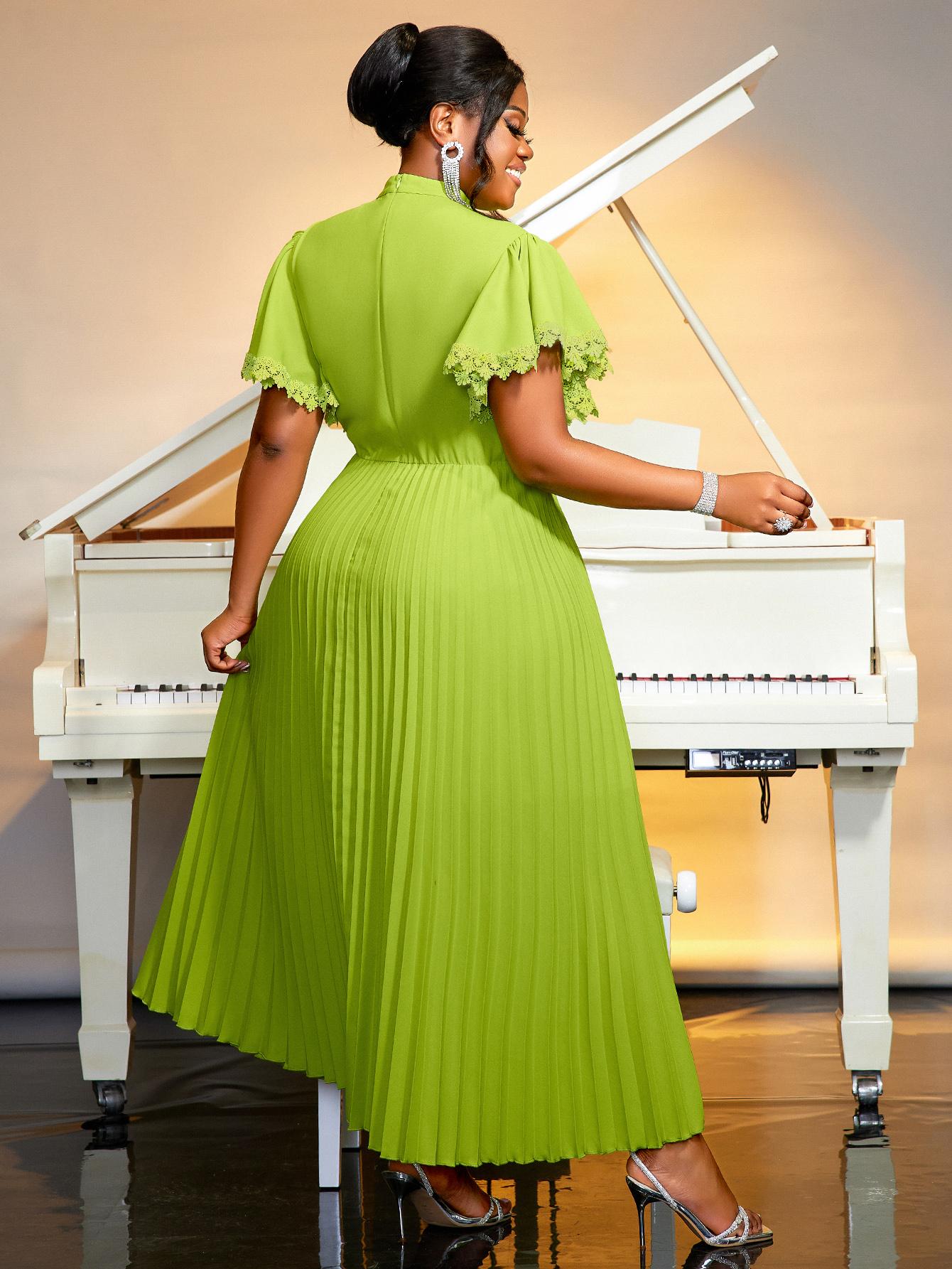 AOMEI Зеленые Элегантные Плиссированные Миди Платья Короткий Рукав Высокая Талия А-силуэт — фото 2