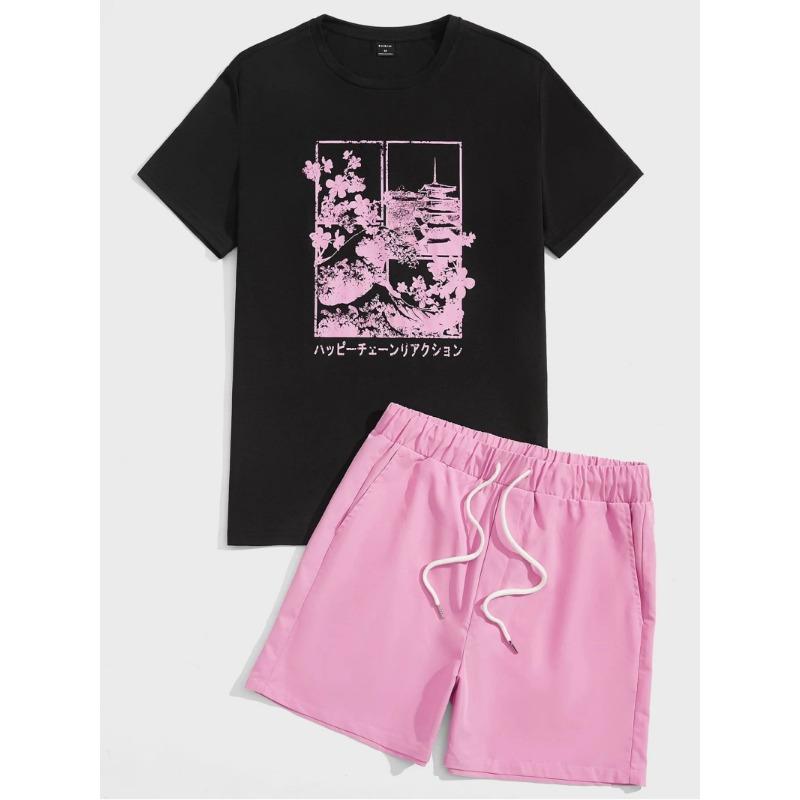 Xuhaijian02 Zomer Buiten Casual Heren Tweedeelig Pak Onder de Kerselaar Print Ronde Hals T-shirt en Korte Broek Set Dagelijkse Kleding XS