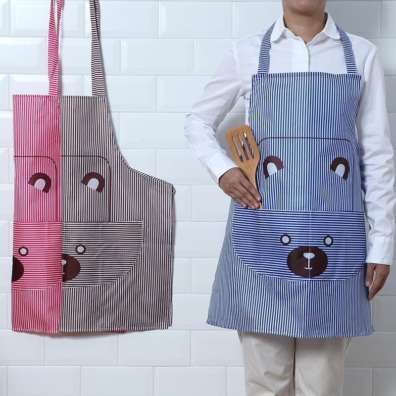Grembiule da casa all'americana con bretelle e strisce, grembiule da cucina con stampa di cartone animato di orso, grembiule senza maniche