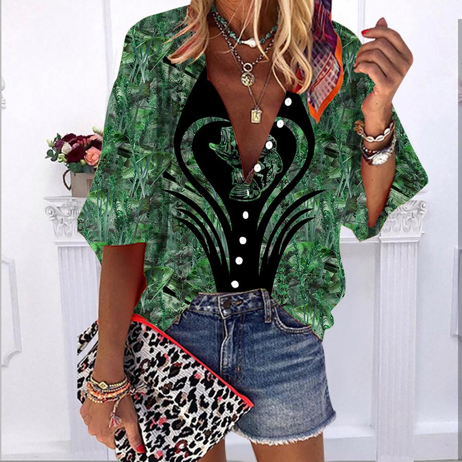 2023 sommer Herbst Neue Mode frauen Tops Liebe Fisch Gedruckt Halbe Hülse Casual Plus Größe Taste-unten Hemd mit Blase Ärmeln