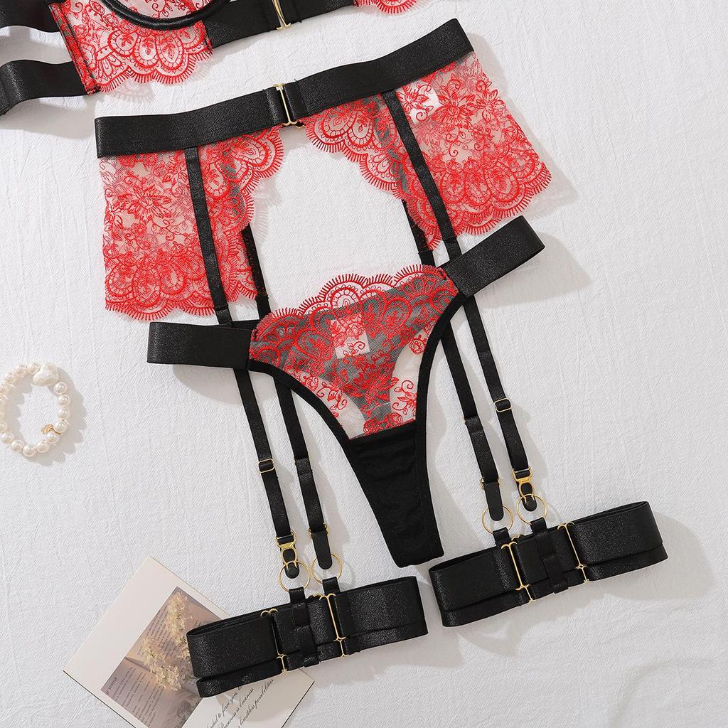 European & American Embroidered Lace High-Quality Erotic Lingerie: Sexy See-through Metal Buckle Body Shaping Front-Opening Set