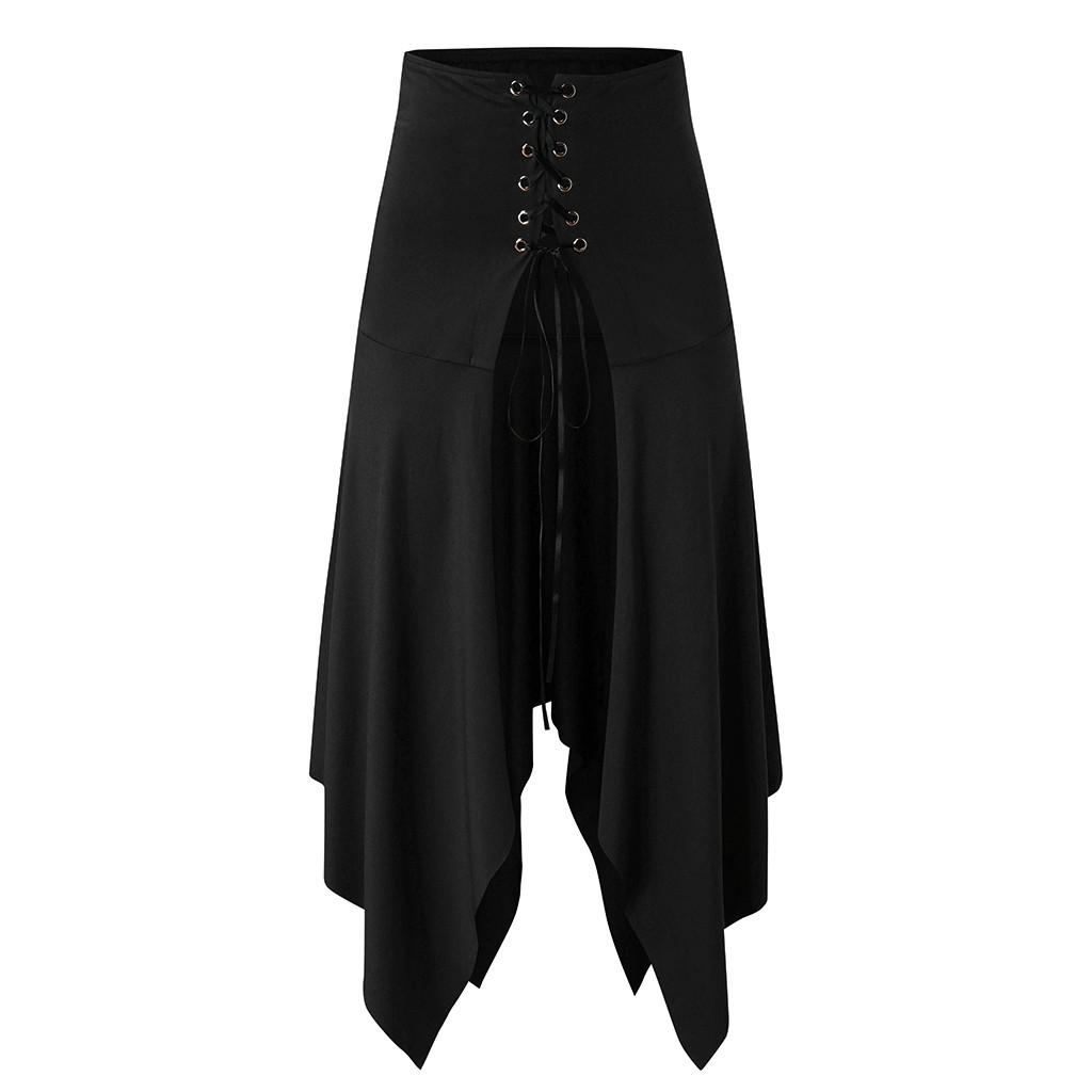 Kadın Cadılar Bayramı Gotik Punk Asimetrik Dantel-up Yarık Ön Etek A-Line Etek