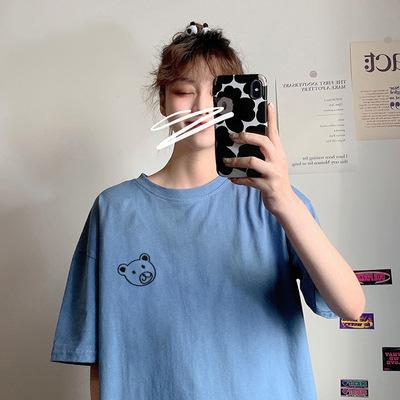 Summer Korean version of the new simple and loose medium and long BF style bear print short-sleeved T-shirt top female student