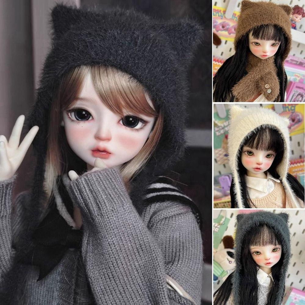 Módní chlupatá čepice s kočičími uši DIY ručně pletená vlněná čepice šála pro panenky 1/4 1/6 BJD 30/45cm